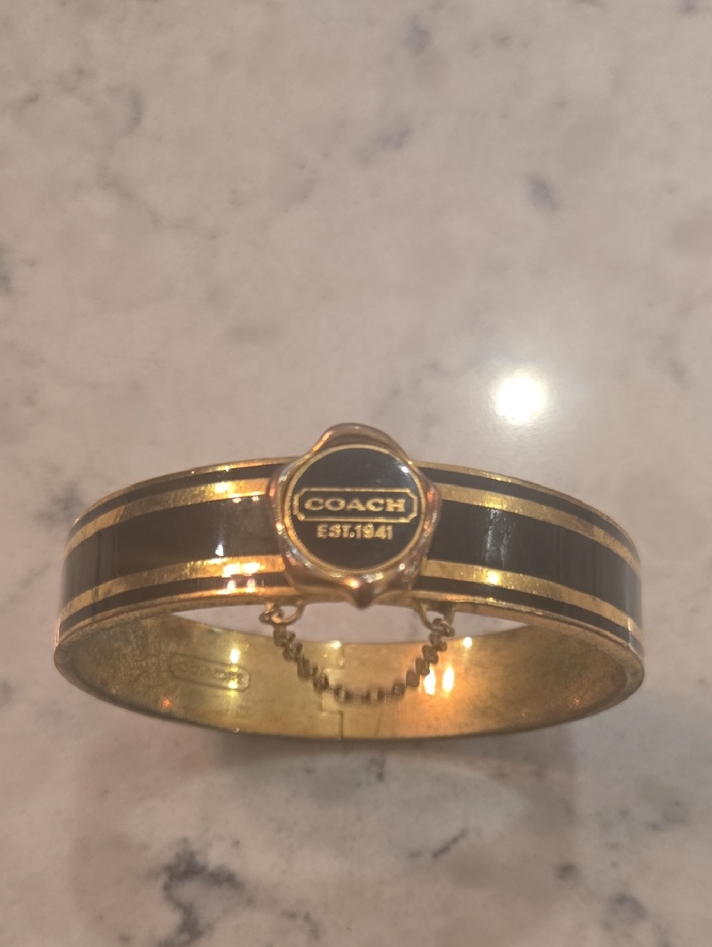 Coach Vintage Black Gold Enamel Hinged Bangle Bracelet Est 1941 Medallion